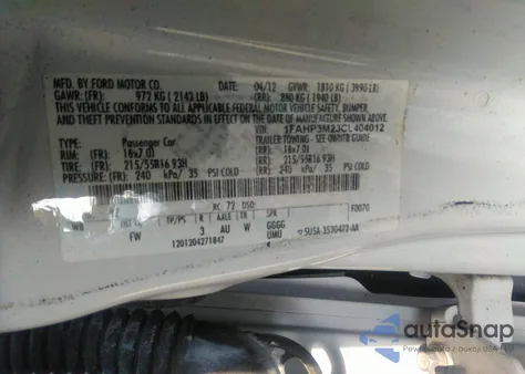 2012 Ford Focus Sel z USA, uszkodzony, nr VIN 1FAHP3M23CL404012